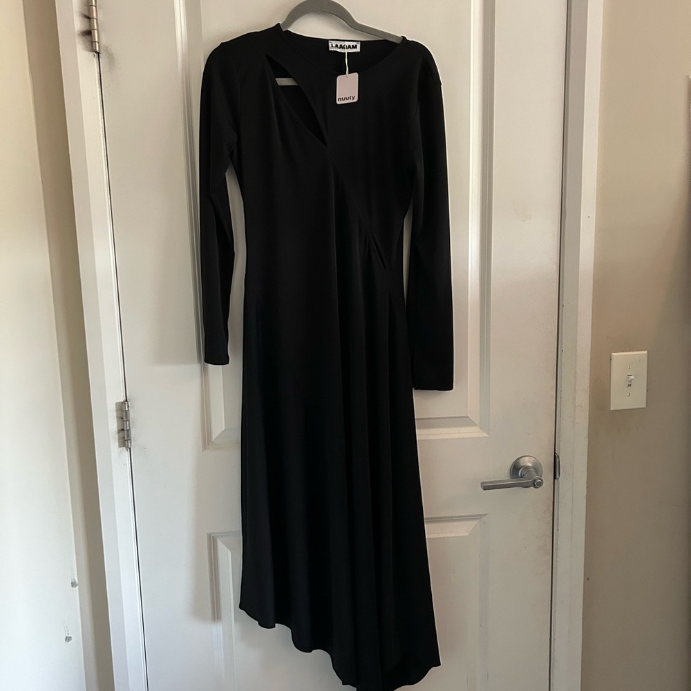 Asymmetric Black Long-Sleeve Midi Dress by LAAGAM